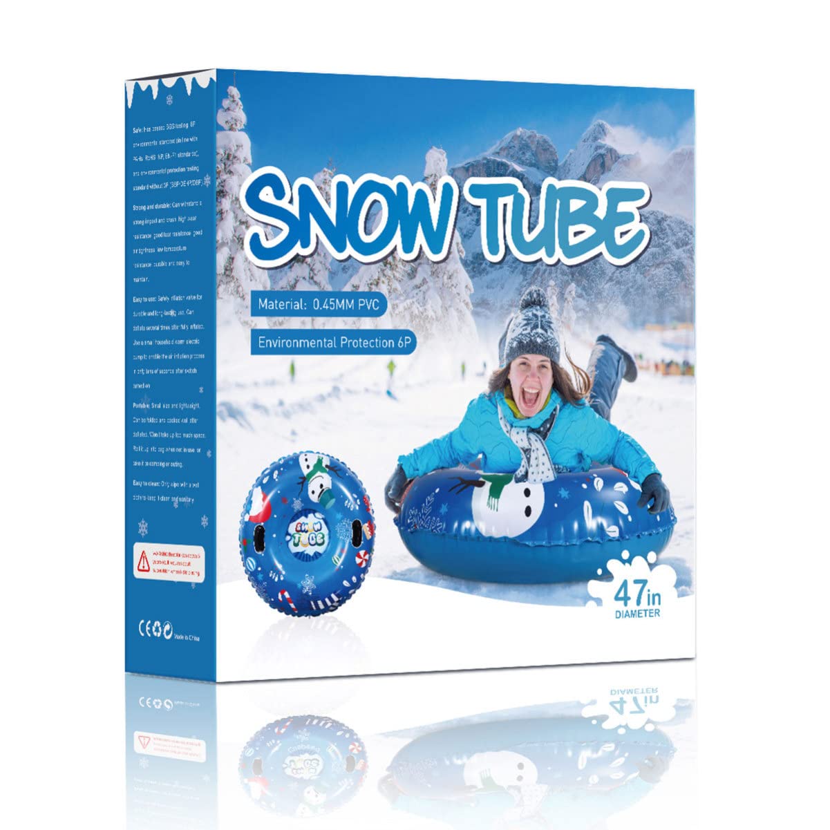 BESPORTBLE 120cm Snow Sleds PVC Inflatable Snow Tube Snow Sled Winter Snow Ring with Handles for Sledding Skiing Winter Outdoor Fun Snow Games(Blue Snowman Pattern)