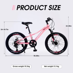 WEEROCK 20 Inch Kid's Mountain Bike MTB Shimano 7 Speeds Aluminium Alloy Frame Bicycle for Boys Girls,Youth,Pink