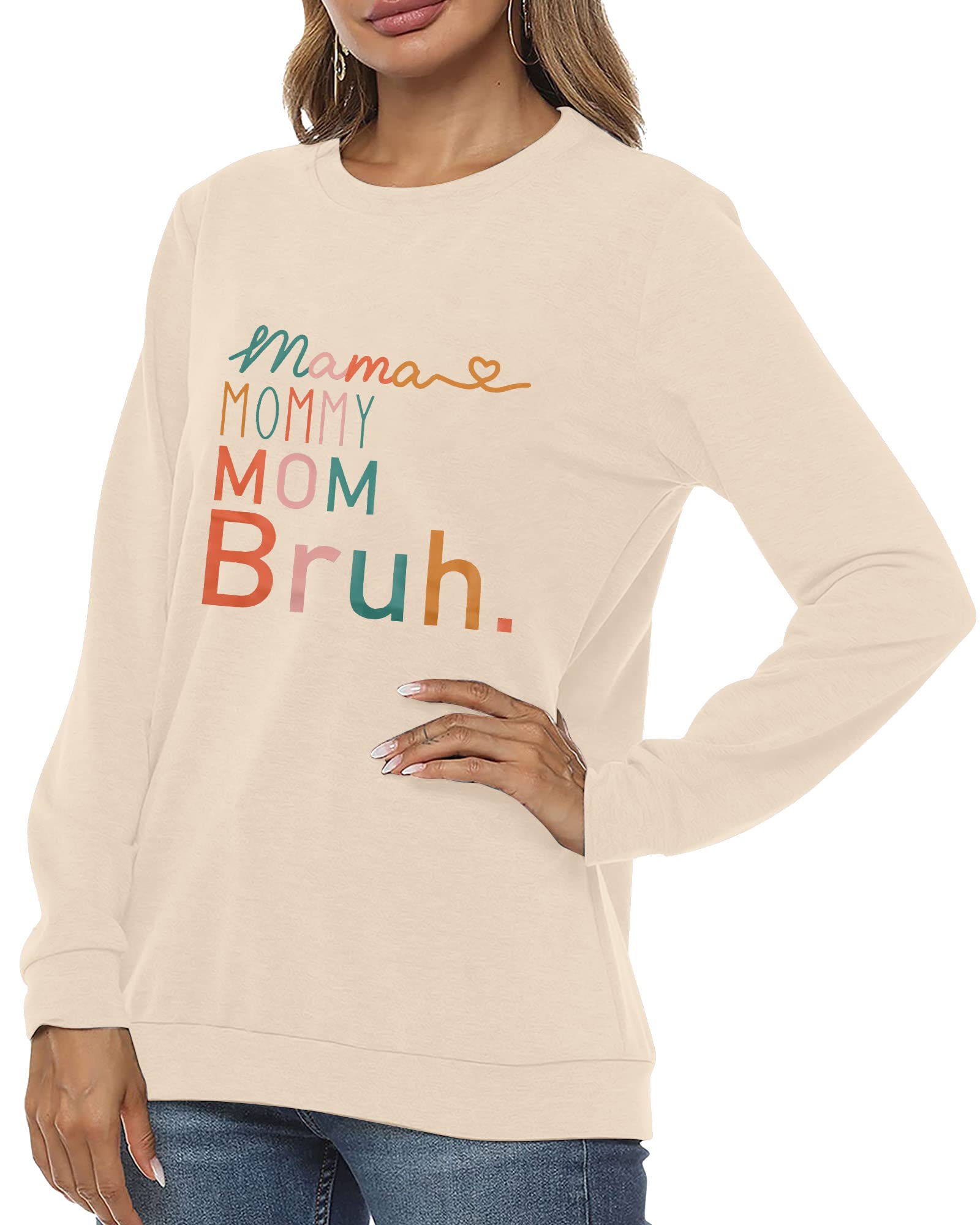 BLANCHES Mama Sweatshirt Women Mama Mommy Mom Bruh Funny Mom Life Sweatshirts Pullover Tops Casual Loose Long Sleeve Shirt Apricot