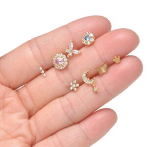 Tornito 16Pcs Dangle Hoop Nose Ring L Shape Nose Stud CZ Butterfly Flower Leaf Dangle Heart Moon Crown Nose Ring Nostril Piercing Jewelry for Women Gold Tone 20G