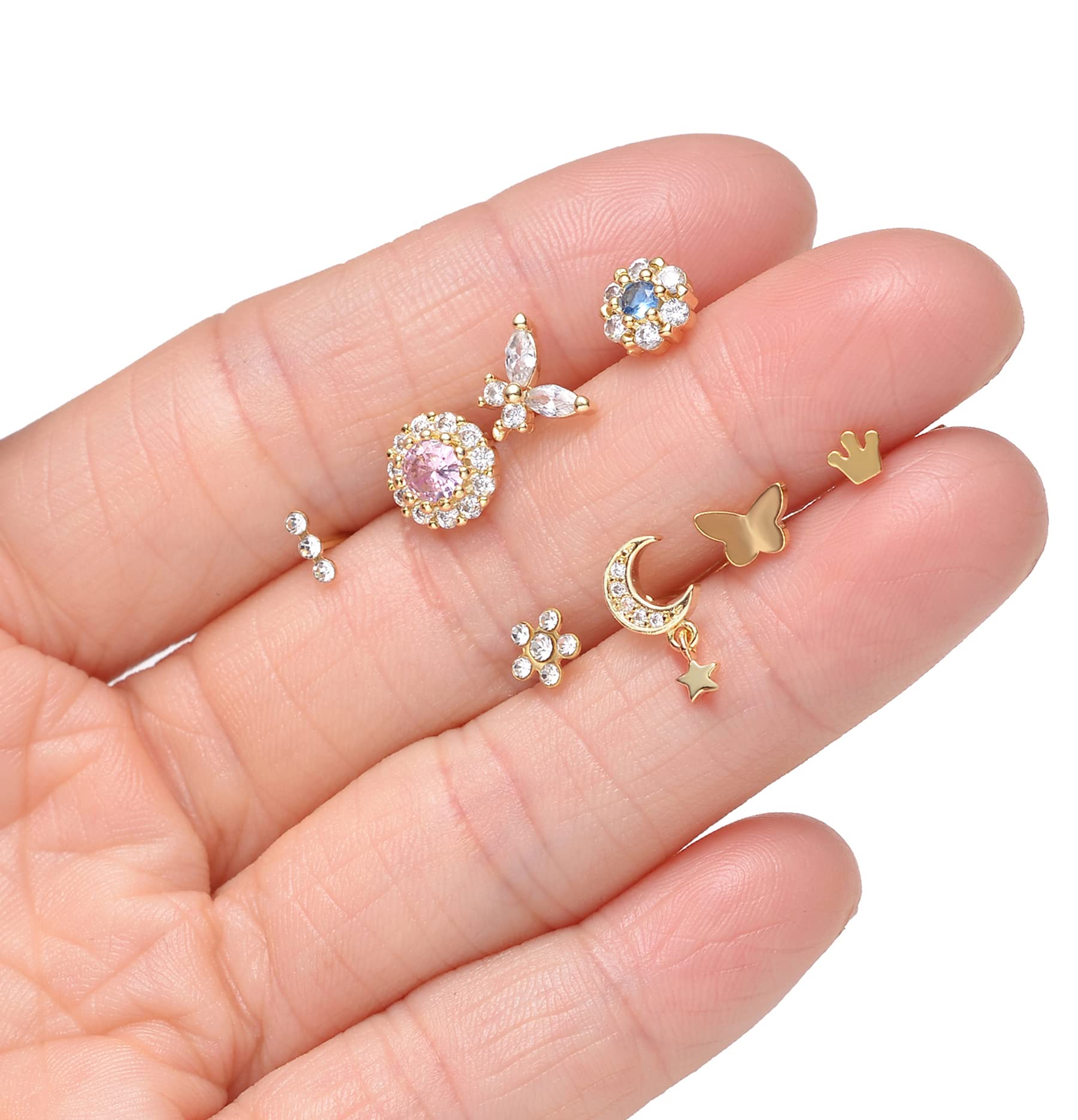 Tornito 16Pcs Dangle Hoop Nose Ring L Shape Nose Stud CZ Butterfly Flower Leaf Dangle Heart Moon Crown Nose Ring Nostril Piercing Jewelry for Women Gold Tone 20G