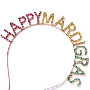 HEIDKRUEGER 2 Pcs Happy Mardi Gras Headbands Glitter Rhinestone Purple Green Gold Hairband for Carnival Party Hair Hoop Accessories (A-HAPPY Mardi Gras)