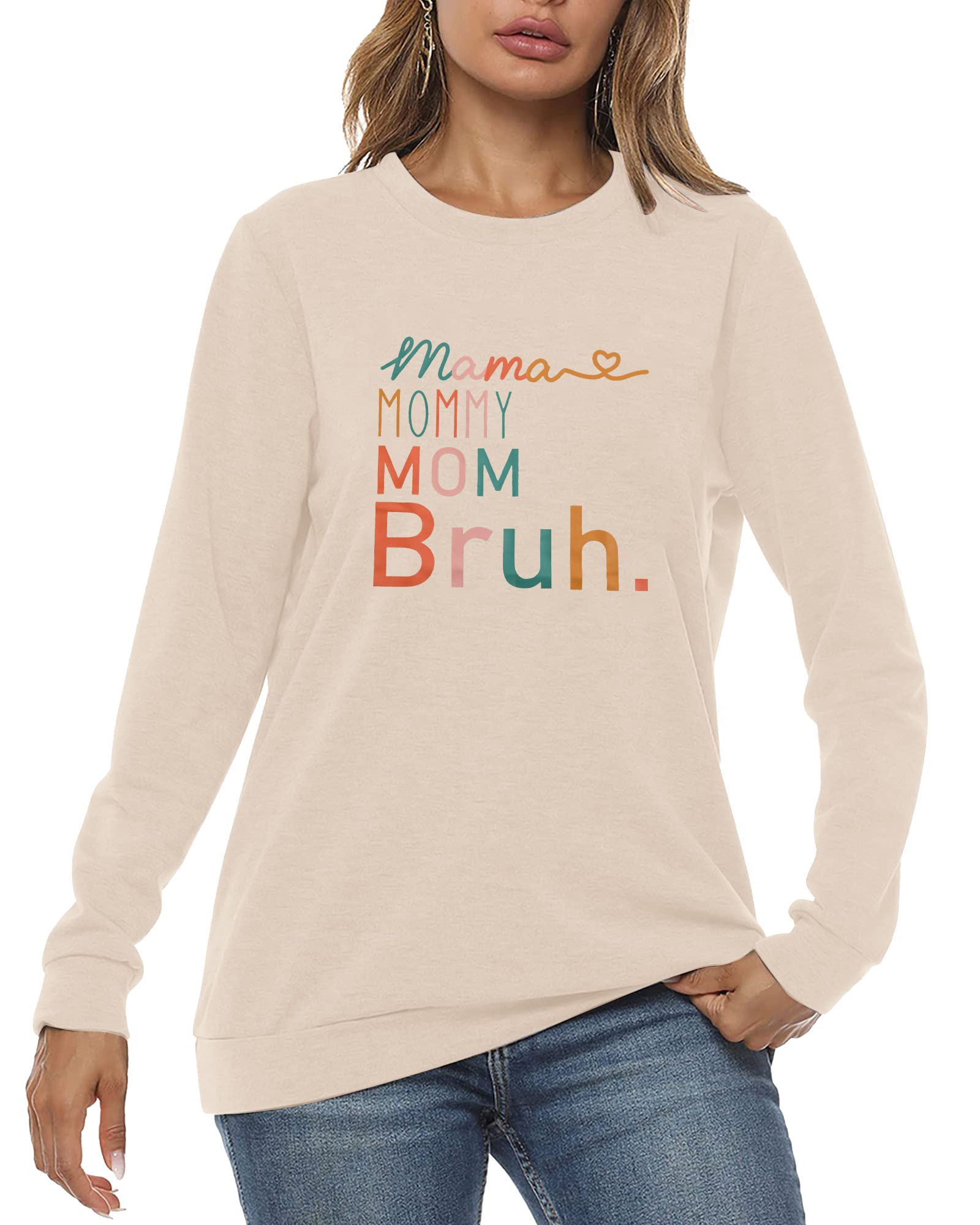 BLANCHES Mama Sweatshirt Women Mama Mommy Mom Bruh Funny Mom Life Sweatshirts Pullover Tops Casual Loose Long Sleeve Shirt Apricot