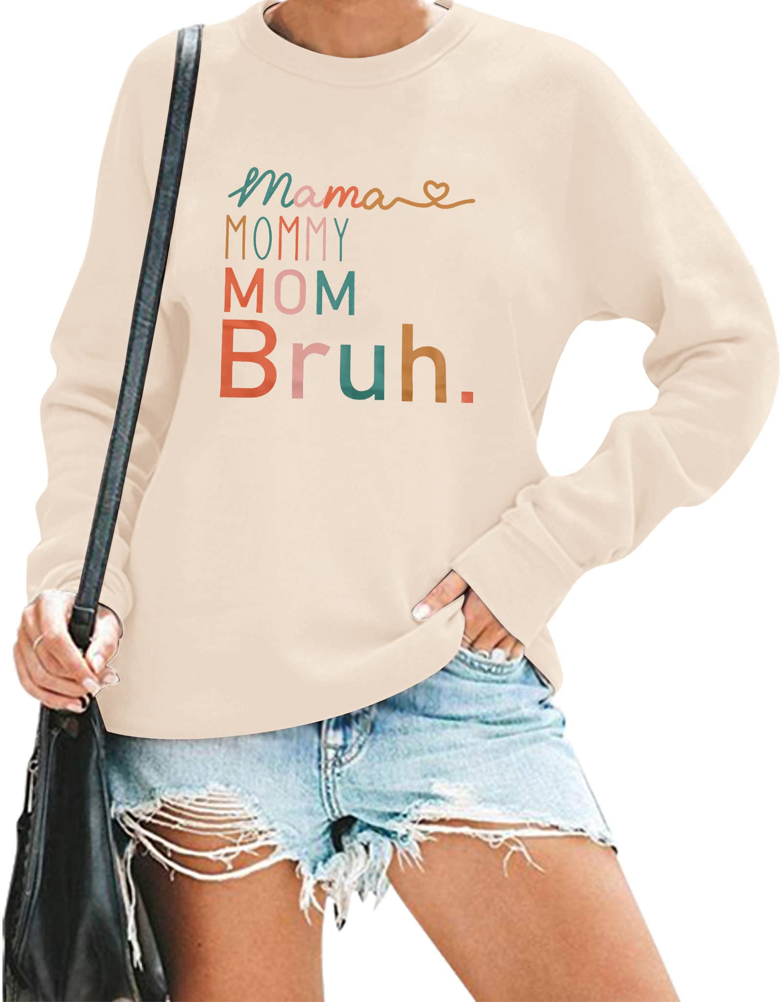 BLANCHES Mama Sweatshirt Women Mama Mommy Mom Bruh Funny Mom Life Sweatshirts Pullover Tops Casual Loose Long Sleeve Shirt Apricot