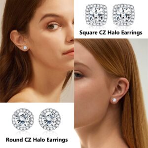 ZELORES 925 Sterling Silver Halo CZ Flat Back Round Square Large Screwback Princess Cut Cubic Zirconia Stud Earrings Set for Women Men (Style1)