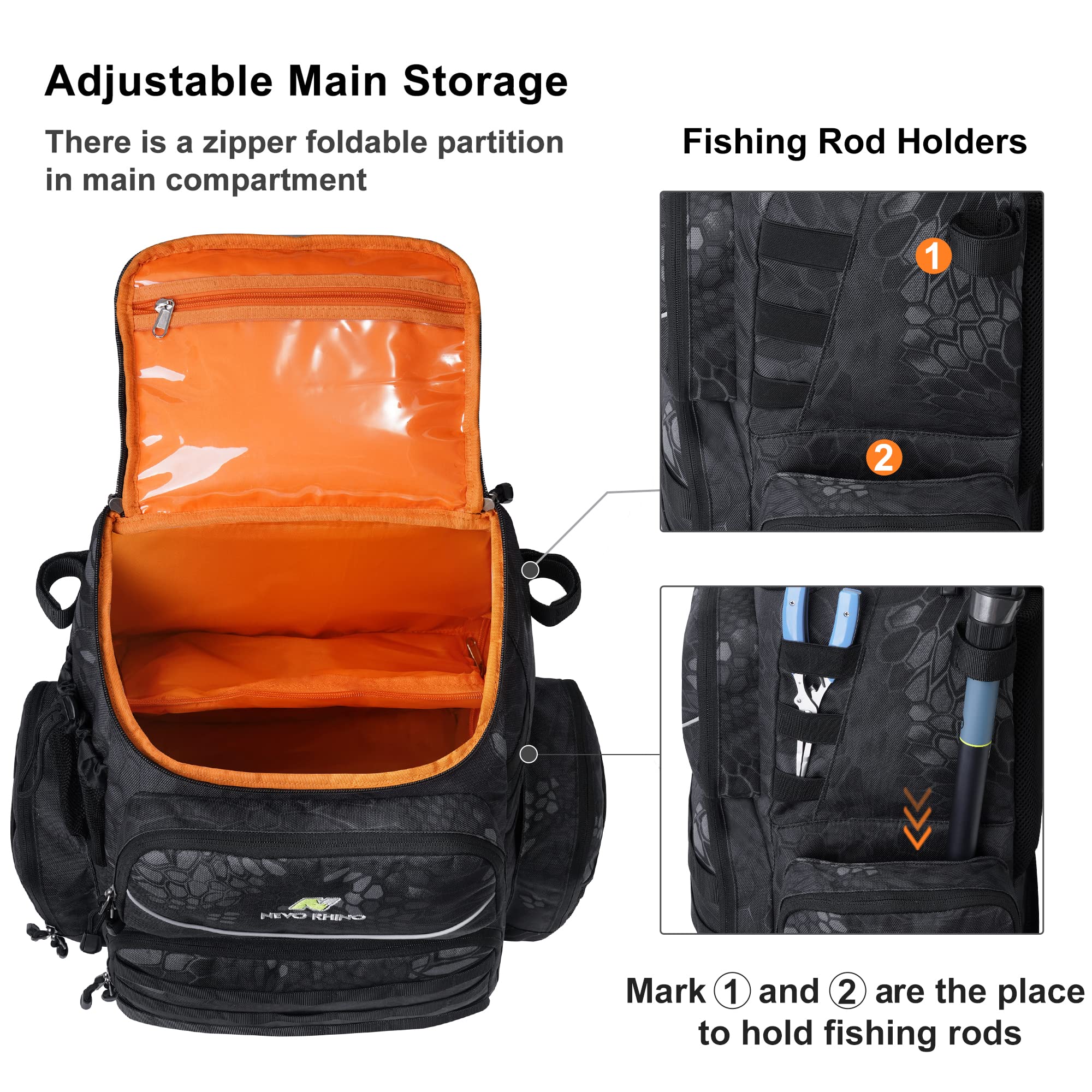 N NEVO RHINO 40L Fishing Tackle Backpack with Rod Holders, Waterproof Rain Cover, High-performance Tackle Bag for Fishing