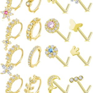 Tornito 16Pcs Dangle Hoop Nose Ring L Shape Nose Stud CZ Butterfly Flower Leaf Dangle Heart Moon Crown Nose Ring Nostril Piercing Jewelry for Women Gold Tone 20G