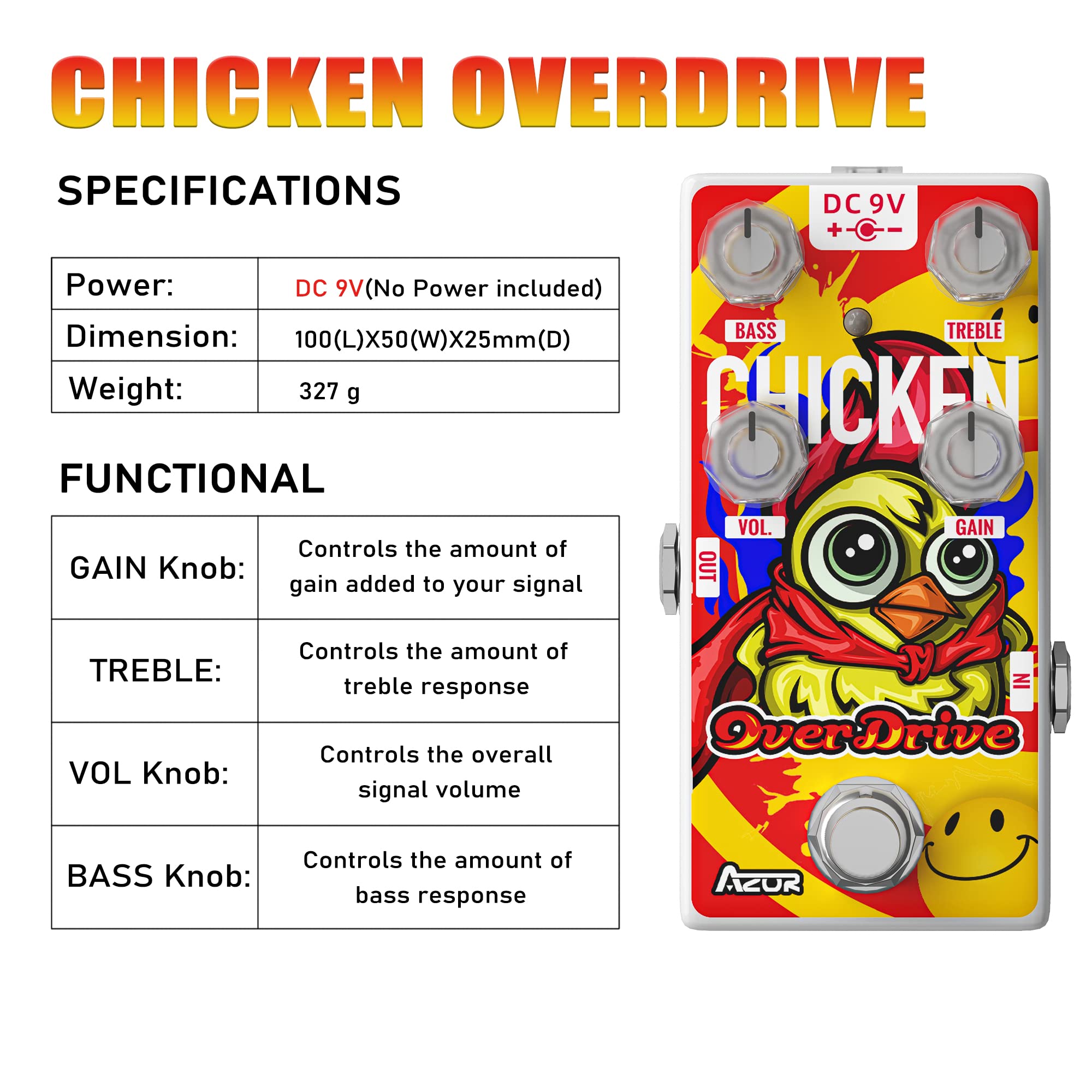 AZOR Overdrive Guitar Effect Pedal Chicken Overdrive Wide Range Pedal for Electric Guitar True Bypass AP505