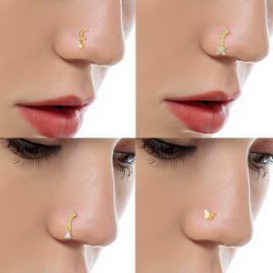 Tornito 16Pcs Dangle Hoop Nose Ring L Shape Nose Stud CZ Butterfly Flower Leaf Dangle Heart Moon Crown Nose Ring Nostril Piercing Jewelry for Women Gold Tone 20G