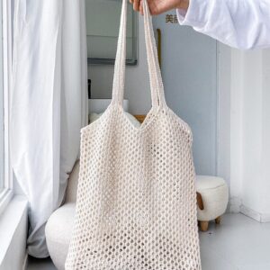 Stizimn Crochet Mesh Beach Tote Bag Shoulder Bag Handbags Knitting Hollow Summer Bag Hobo Bag Aesthetic for Women (Beige3)