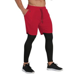 Hotfiary Men's Running Pants with Pockets, 2 in 1 Compression Pants with Shorts Quick Dry Athletic Tights for Gym Workout