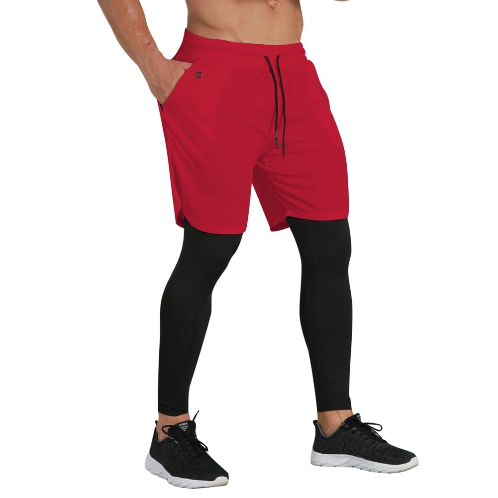 Hotfiary Men's Running Pants with Pockets, 2 in 1 Compression Pants with Shorts Quick Dry Athletic Tights for Gym Workout