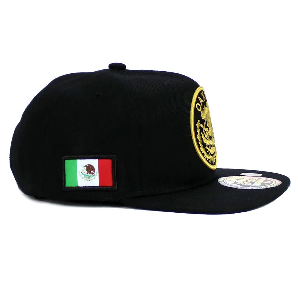 Mexican Hat Mexico State Federal Logo Embroidered Snapback Flat Bill Baseball Cap (Oaxaca- Black/Gold)