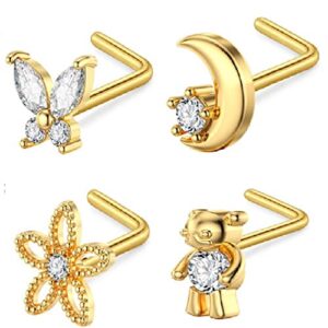 Gixaxak L Shaped Nose Piercing Diamonds Gold Jewelry Cute Shapes Moon Butterfly Flower Bear Body Piercing Simple Nose Studs Ring Teen Birthday Party Jewelry