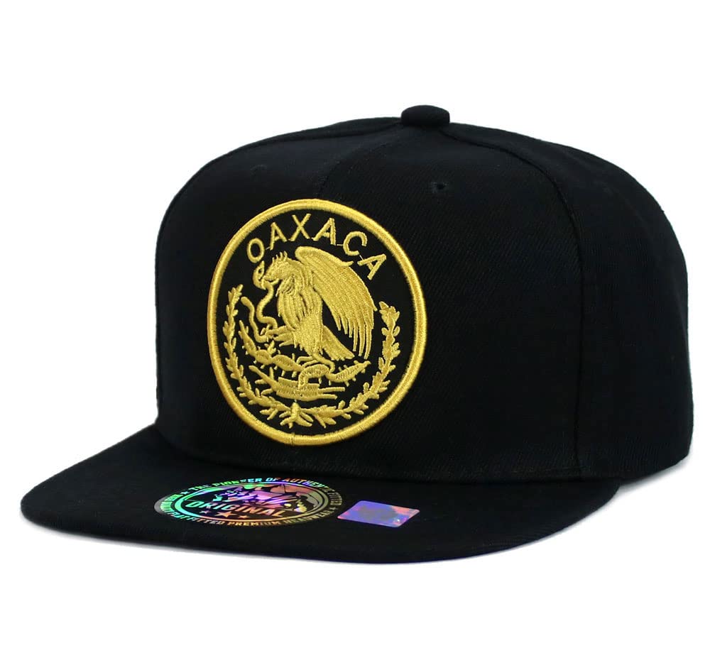 Mexican Hat Mexico State Federal Logo Embroidered Snapback Flat Bill Baseball Cap (Oaxaca- Black/Gold)