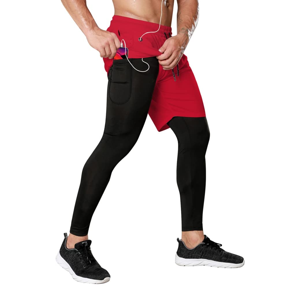 Hotfiary Men's Running Pants with Pockets, 2 in 1 Compression Pants with Shorts Quick Dry Athletic Tights for Gym Workout