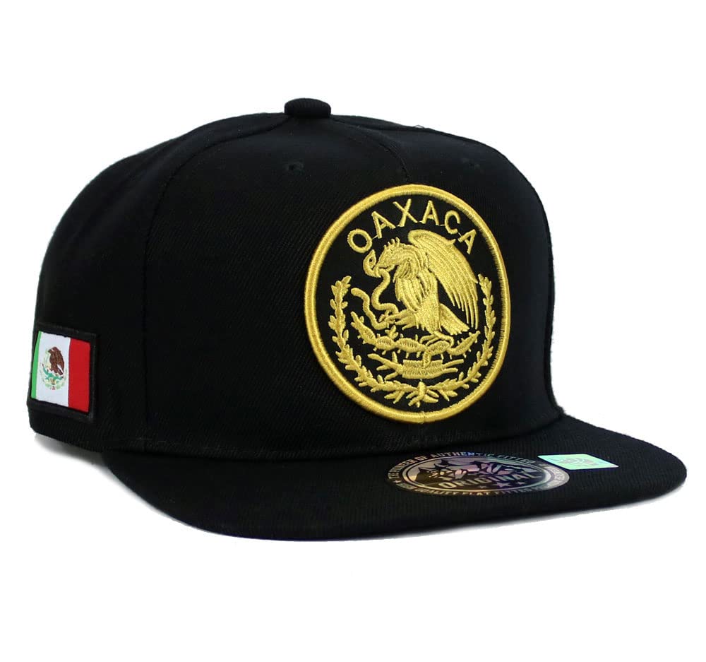 Mexican Hat Mexico State Federal Logo Embroidered Snapback Flat Bill Baseball Cap (Oaxaca- Black/Gold)