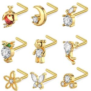 Gixaxak L Shaped Nose Piercing Diamonds Gold Jewelry Cute Shapes Moon Butterfly Flower Bear Body Piercing Simple Nose Studs Ring Teen Birthday Party Jewelry