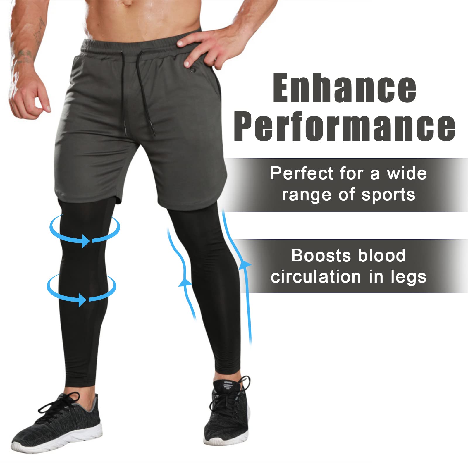 Hotfiary Men's Running Pants with Pockets, 2 in 1 Compression Pants with Shorts Quick Dry Athletic Tights for Gym Workout