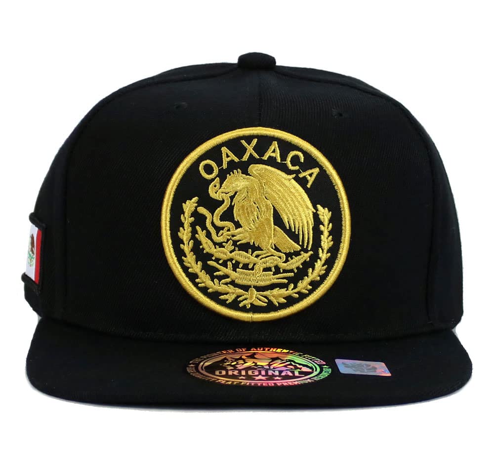 Mexican Hat Mexico State Federal Logo Embroidered Snapback Flat Bill Baseball Cap (Oaxaca- Black/Gold)