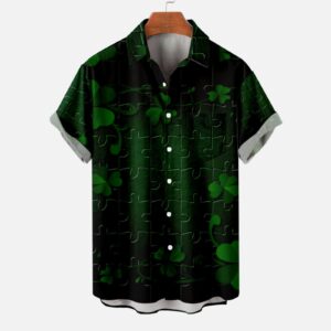 Mens St. Patrick's Day Button Down Shirt Short Sleeve Casual Hawaiian Shirt Green Shamrock Printed Aloha Shirts Tops