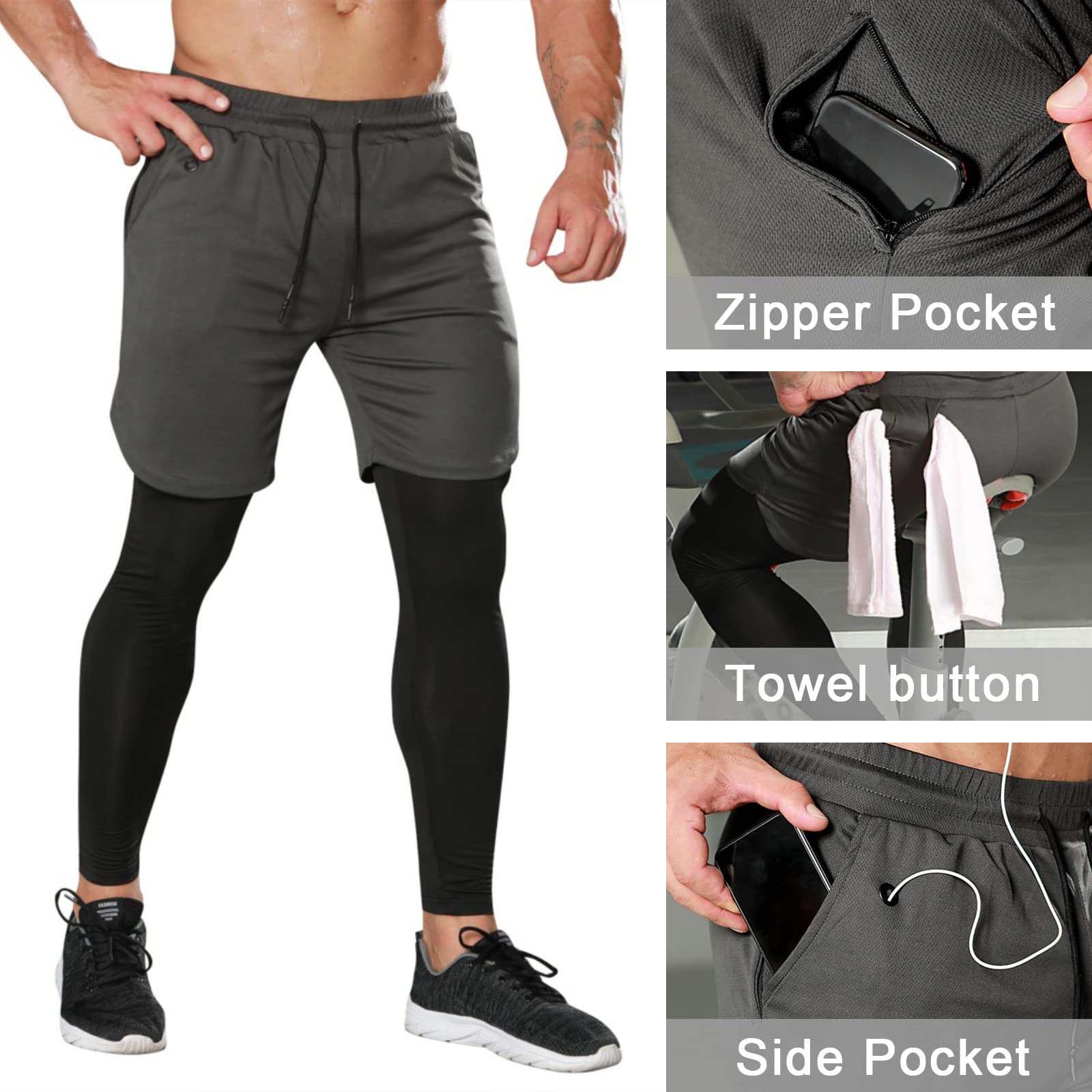 Hotfiary Men's Running Pants with Pockets, 2 in 1 Compression Pants with Shorts Quick Dry Athletic Tights for Gym Workout