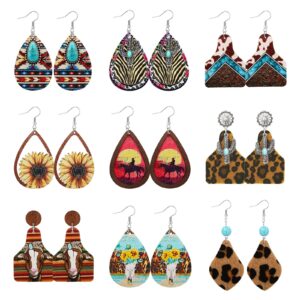 TOBENY 9 Pairs Western Earrings for Women Cowgirl Cowboy Earrings Set Boho Vintage Turquoise Cow Printed Leather Wooden Teardrop Dangle Earrings Western Jewelry for Women