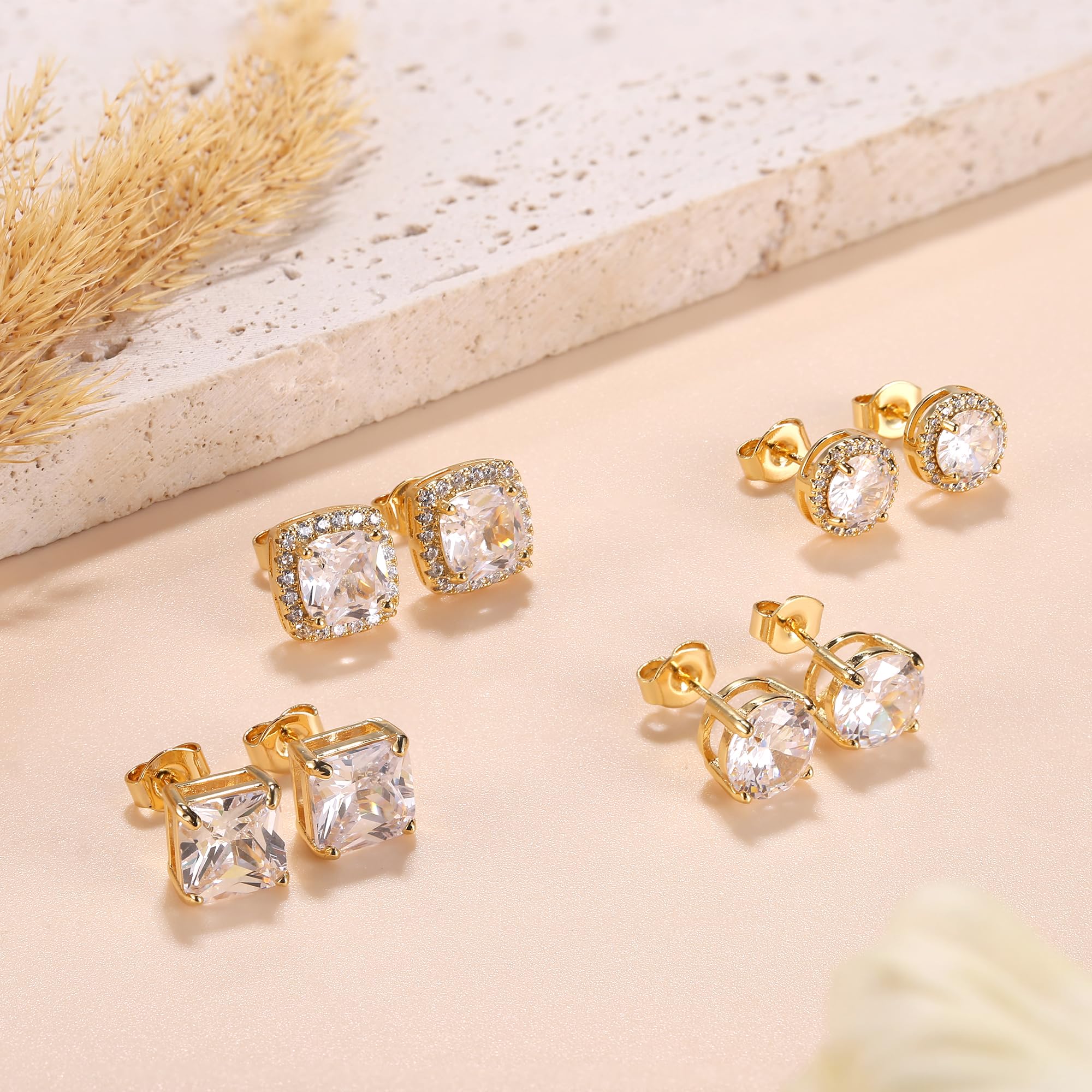 MILACOLATO Cubic Zirconia Stud Earrings Women Men 18K Yellow Gold Hypoallergenic Sterling Silver Post Earrings Brilliant Large Simulated Diamond Halo Stud Earrings for Sensitive Ears