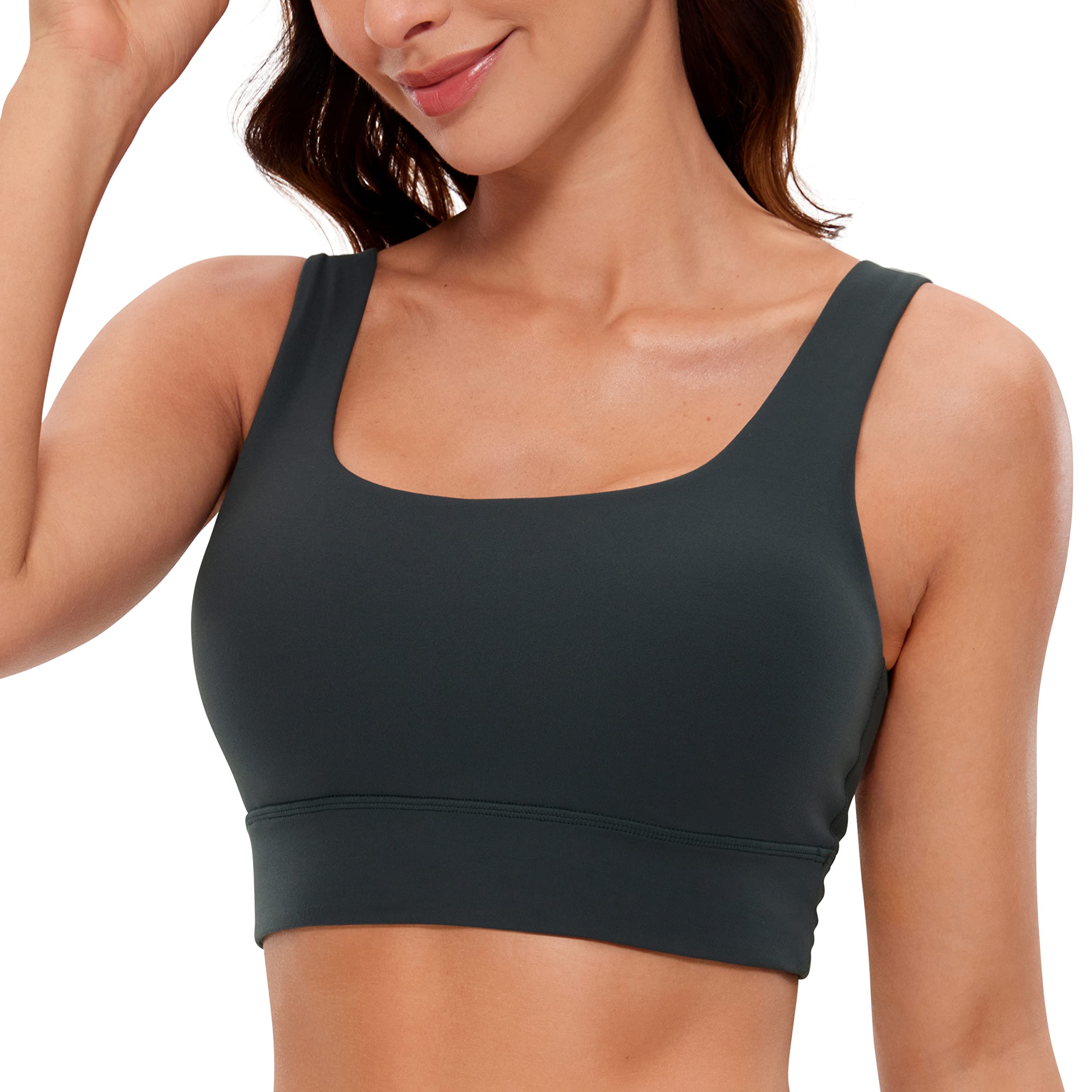 CRZ YOGA Butterluxe Womens U Back Sports Bra - Scoop Neck Padded Low Impact Yoga Bra Workout Crop Top with Built in Bra Melanite Medium