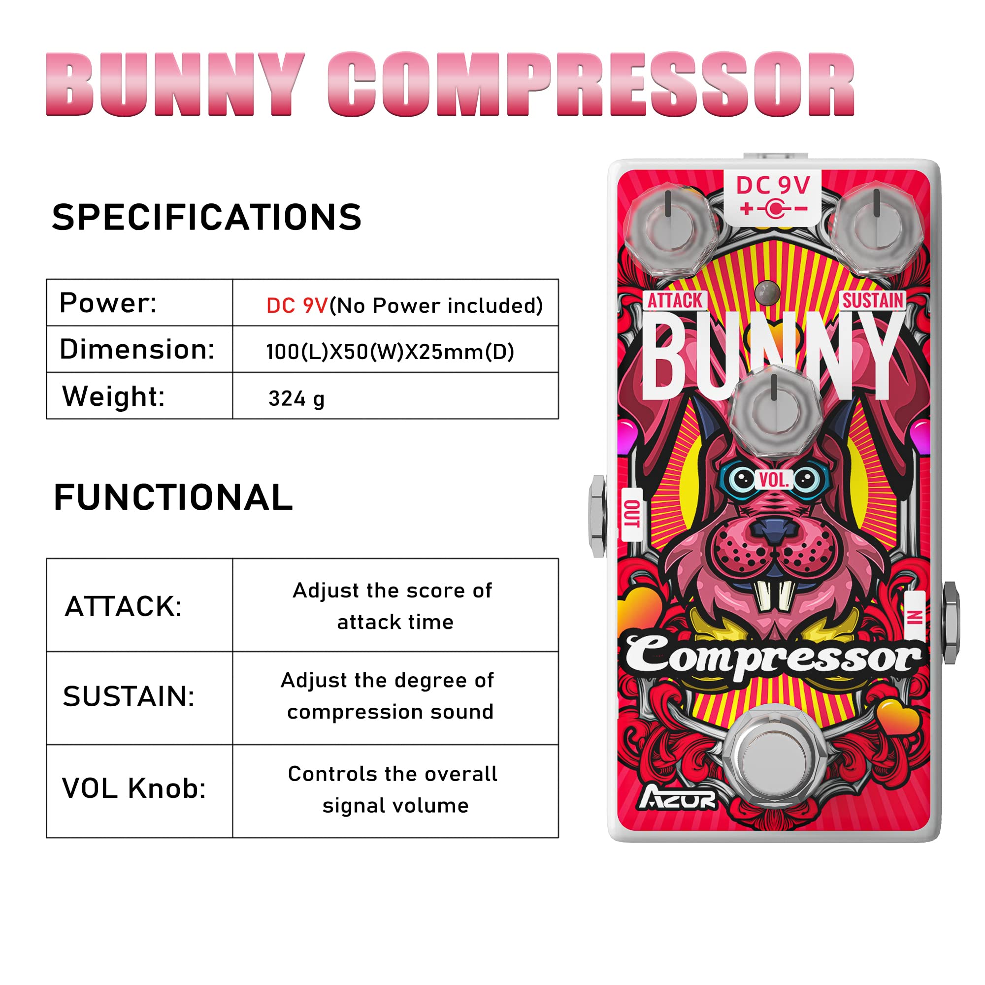 AZOR Compressor Pedal Bunny Low Noise Compression Guitar Effect Pedal for Electric Guitar & Bass True Bypass AP510