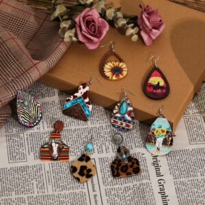 TOBENY 9 Pairs Western Earrings for Women Cowgirl Cowboy Earrings Set Boho Vintage Turquoise Cow Printed Leather Wooden Teardrop Dangle Earrings Western Jewelry for Women