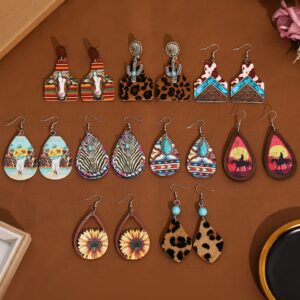 TOBENY 9 Pairs Western Earrings for Women Cowgirl Cowboy Earrings Set Boho Vintage Turquoise Cow Printed Leather Wooden Teardrop Dangle Earrings Western Jewelry for Women