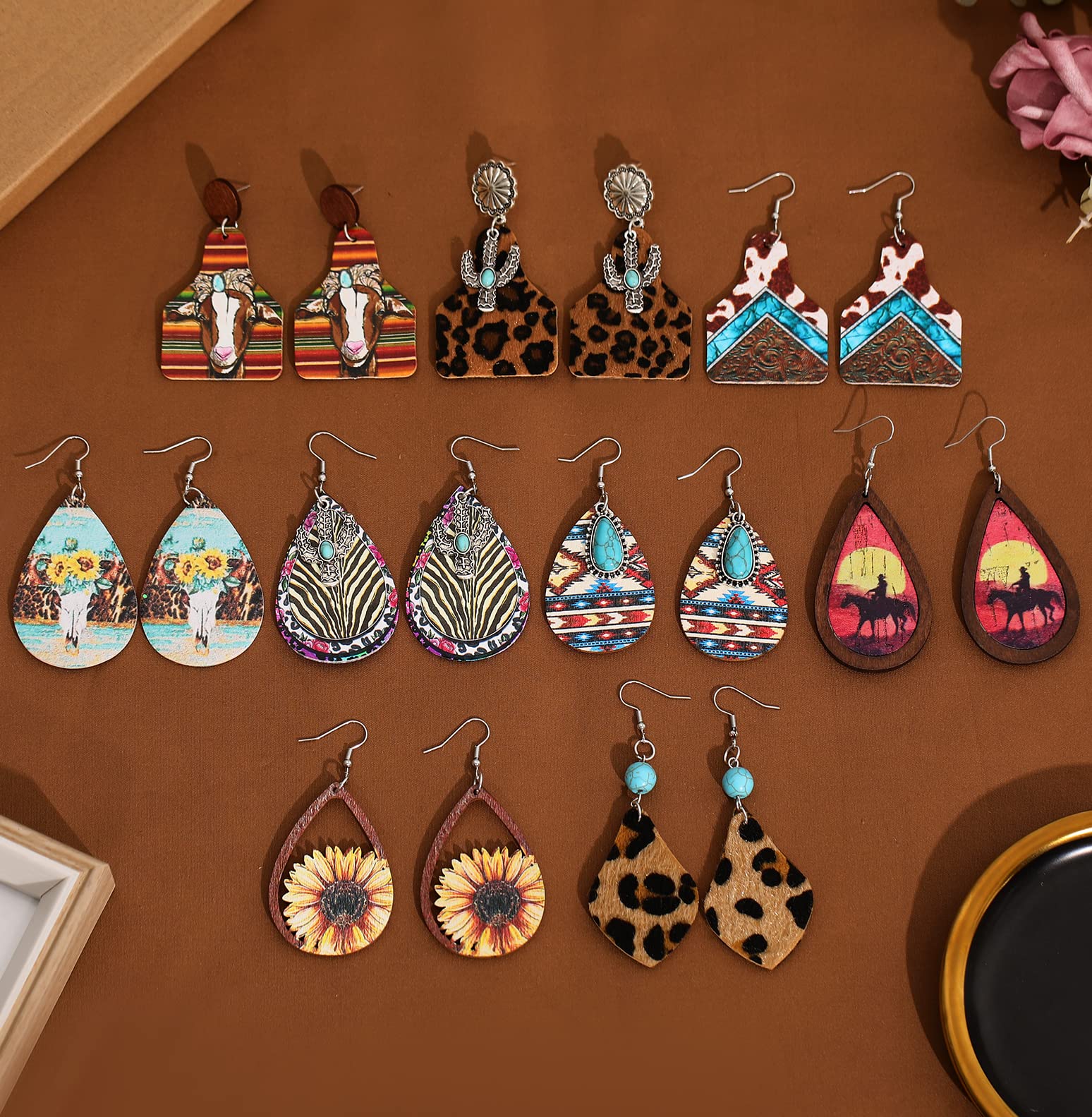 TOBENY 9 Pairs Western Earrings for Women Cowgirl Cowboy Earrings Set Boho Vintage Turquoise Cow Printed Leather Wooden Teardrop Dangle Earrings Western Jewelry for Women