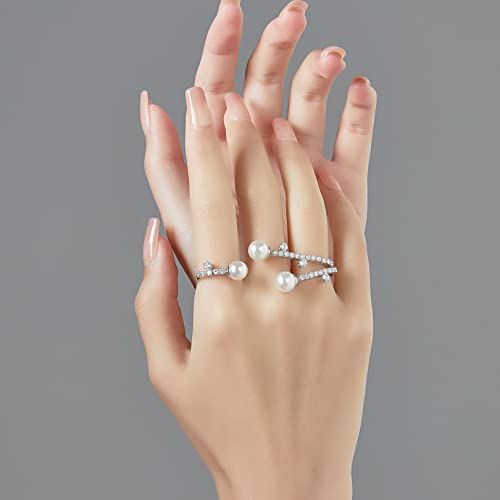 Aprilery Three-Finger Statement Rings for Women, Unique Pearl CZ Crystal Adjustable Open Ring Multiple Finger Cocktail Ring Jewelry Wedding Party Prom Accessory Gifts for Her Style 2