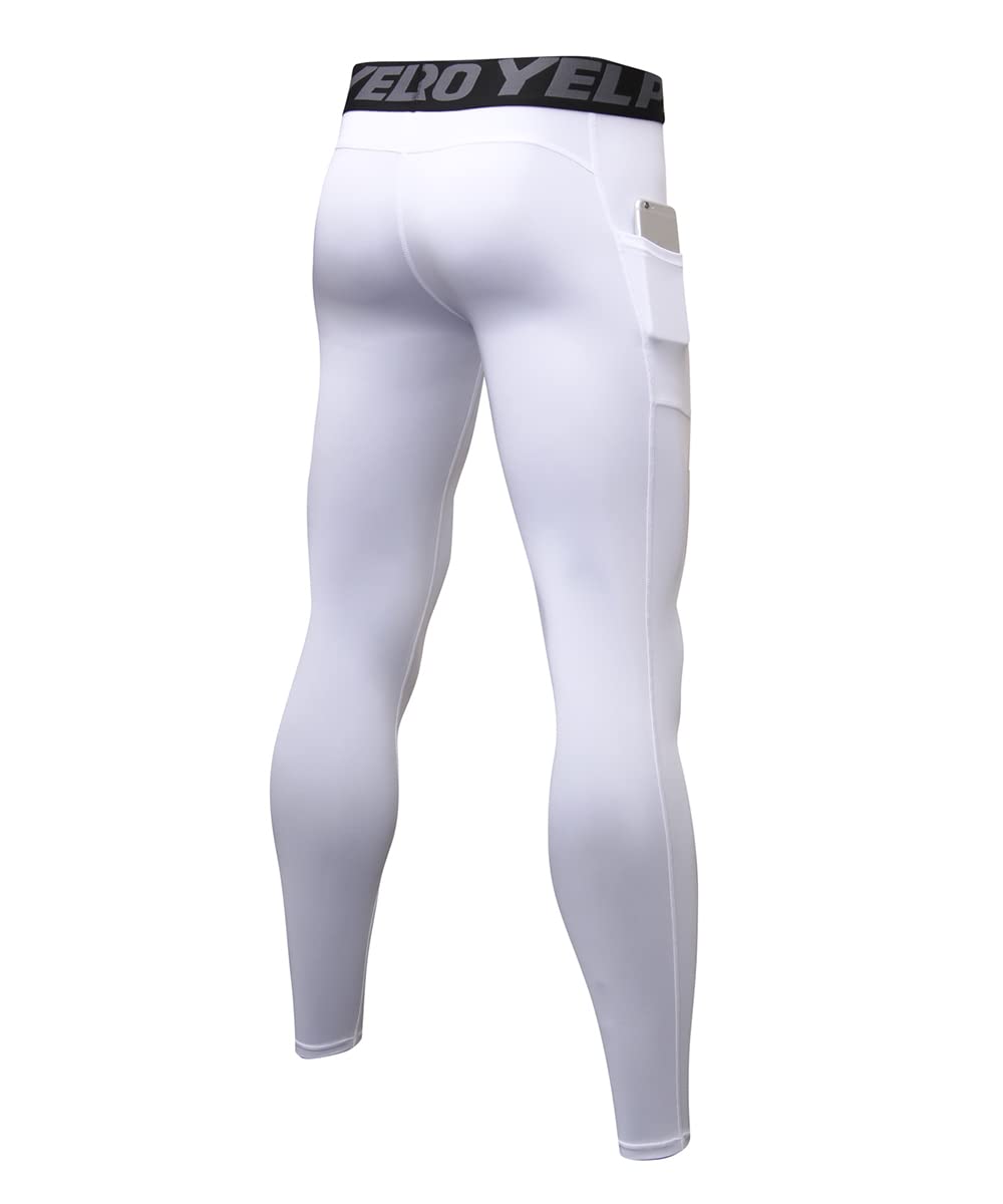 WRAGCFM Men's Compression Pants Workout Athletic Gym Leggings with Pockets Sports Yoga Running Baselayer Tights(White,XL)