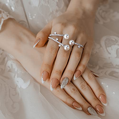 Aprilery Three-Finger Statement Rings for Women, Unique Pearl CZ Crystal Adjustable Open Ring Multiple Finger Cocktail Ring Jewelry Wedding Party Prom Accessory Gifts for Her Style 2