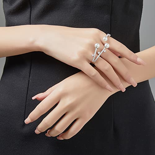 Aprilery Three-Finger Statement Rings for Women, Unique Pearl CZ Crystal Adjustable Open Ring Multiple Finger Cocktail Ring Jewelry Wedding Party Prom Accessory Gifts for Her Style 2