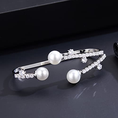 Aprilery Three-Finger Statement Rings for Women, Unique Pearl CZ Crystal Adjustable Open Ring Multiple Finger Cocktail Ring Jewelry Wedding Party Prom Accessory Gifts for Her Style 2