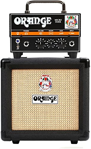 Orange Amp Micro Dark Terror MD20 Hybrid Amp Head Mini Stack Combo Bundle with PPC108 1x8 in Black Speaker Cabinet, Pig Hog Woven Guitar Cable 10ft, Speaker Cable and Liquid Audio Polishing Cloth