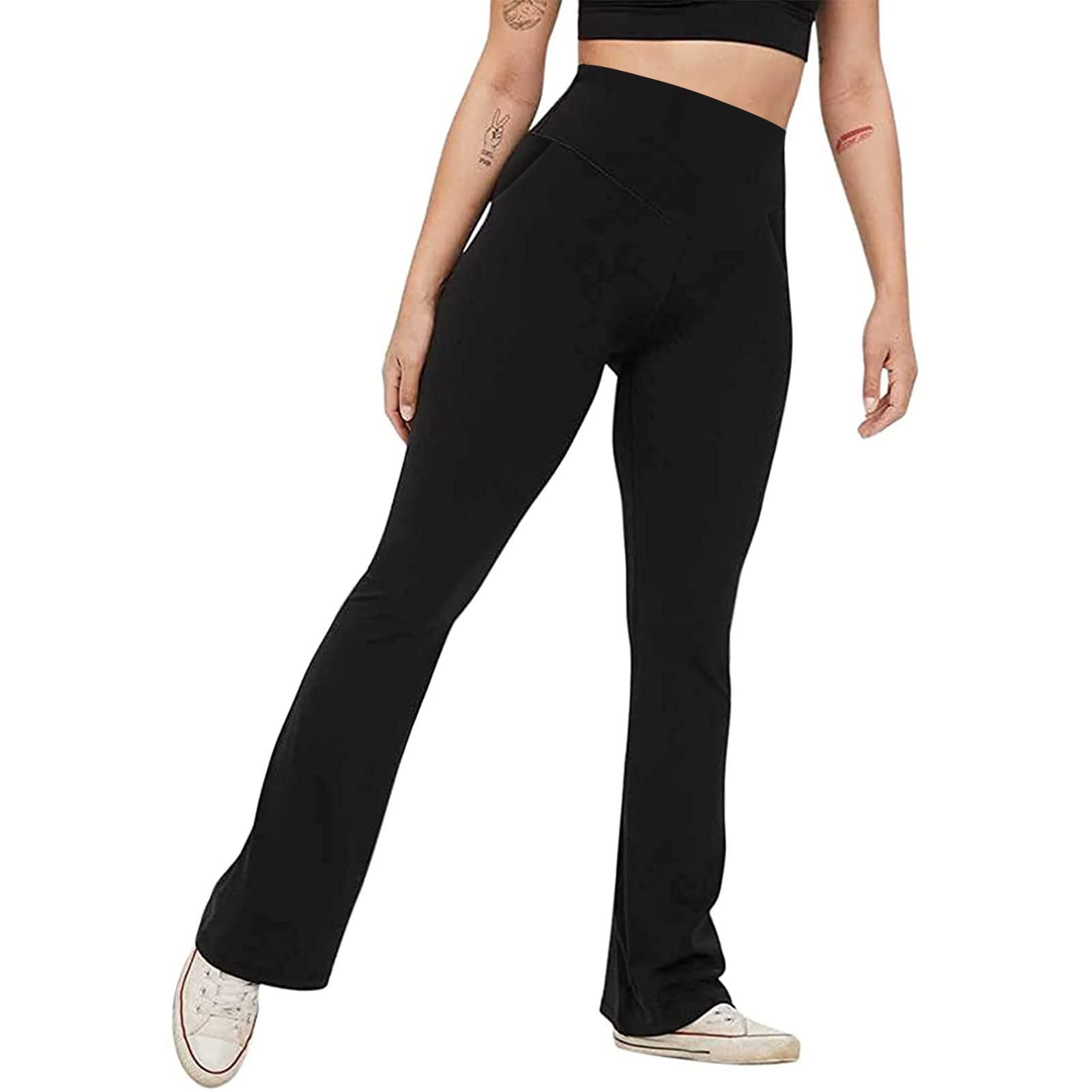 PETYCZEN Flare Leggings for Women Buttery Soft Bell Bottom Yoga Pants with Pockets Crossover High Waisted Tummy Control Leggings Non See Through Full Length Workout Gym Leggings(A-Black,Medium)