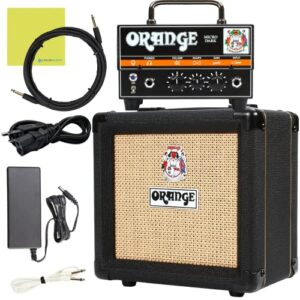 Orange Amp Micro Dark Terror MD20 Hybrid Amp Head Mini Stack Combo Bundle with PPC108 1x8 in Black Speaker Cabinet, Pig Hog Woven Guitar Cable 10ft, Speaker Cable and Liquid Audio Polishing Cloth