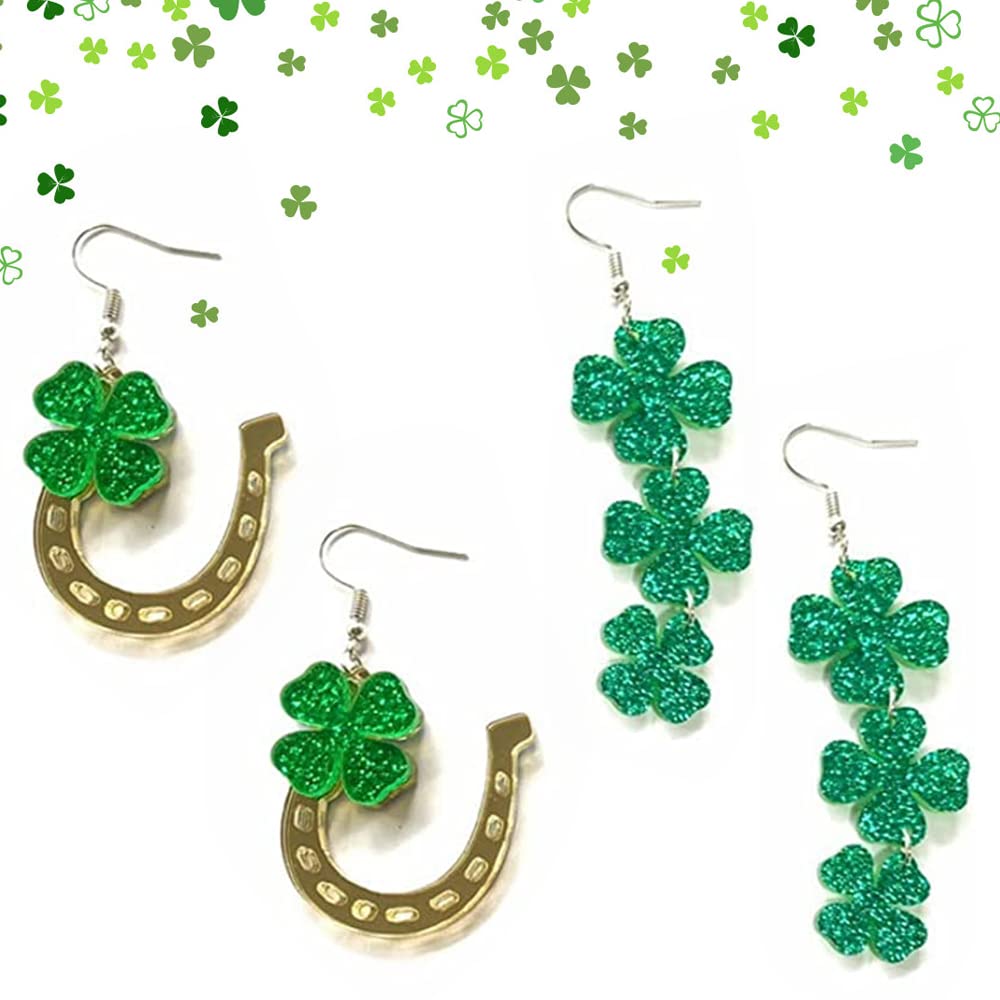 Hying St. Patrick's Day Earrings Irish Shamrock Earrings Glitter Green Horseshoe Acrylic Pendant Earrings Holiday Fashion Jewelry Gift Earing for Women Saint Patrick's Day Decoration Drop