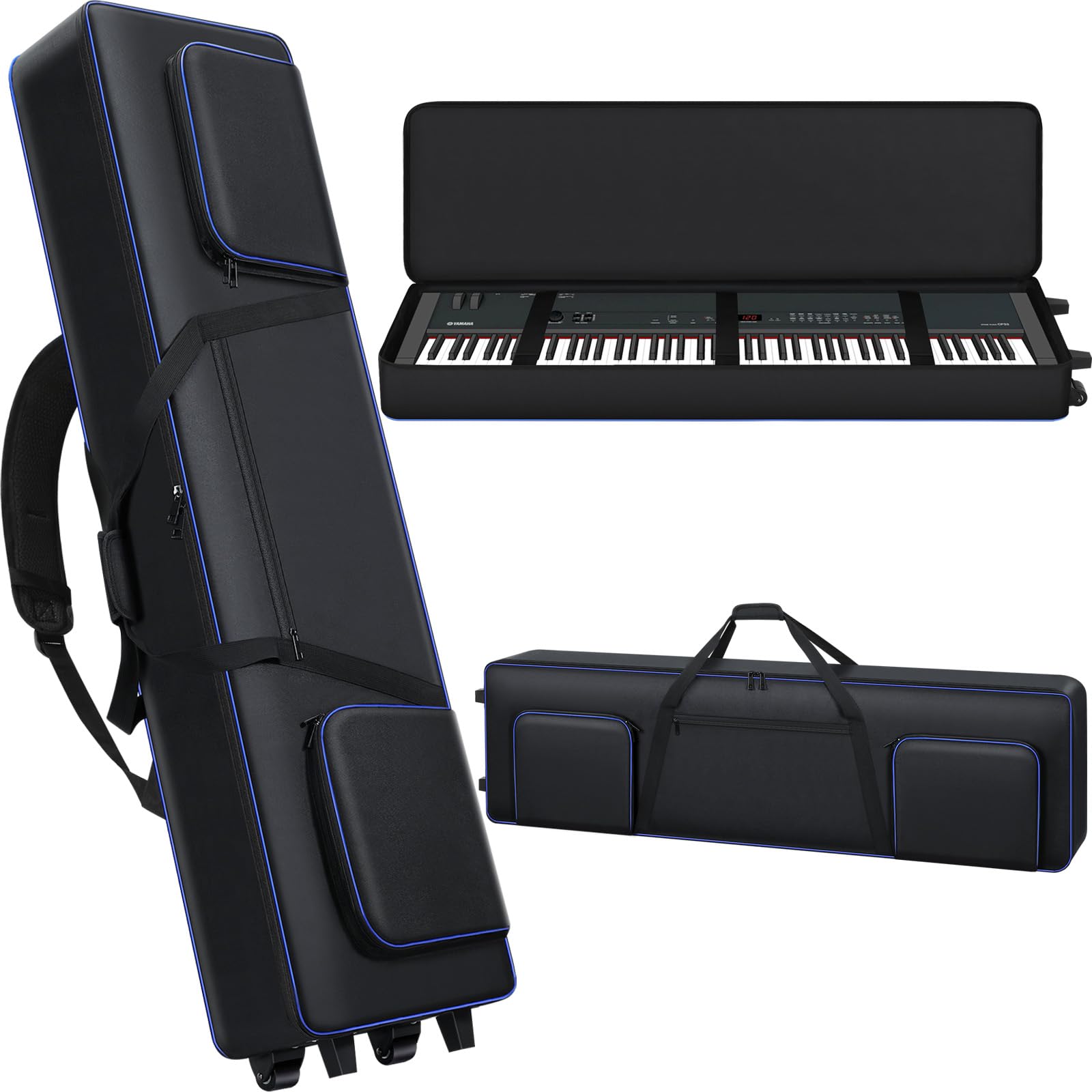 Aleemin 88 Key Keyboard Case with Wheels (53"x14.5"x7") | 88 Key Keyboard Rolling Bag with 3-Pocket | Padded Piano Case Keyboard Gig-Bag with Handles & Adjustable Shoulder Straps