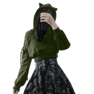 Aniywn Teen Girls Hoodies Cute Cat Ear Crop Top Gothic Hooded Sweatshirt Women Casual Long Sleeve Pullover Hodies