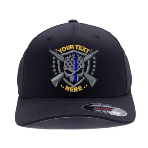 thin blue line and thin red line distressed skull american flag embroidered logo, flexfit 6277-6477 wooly combed twill cap hat (s/m, black)