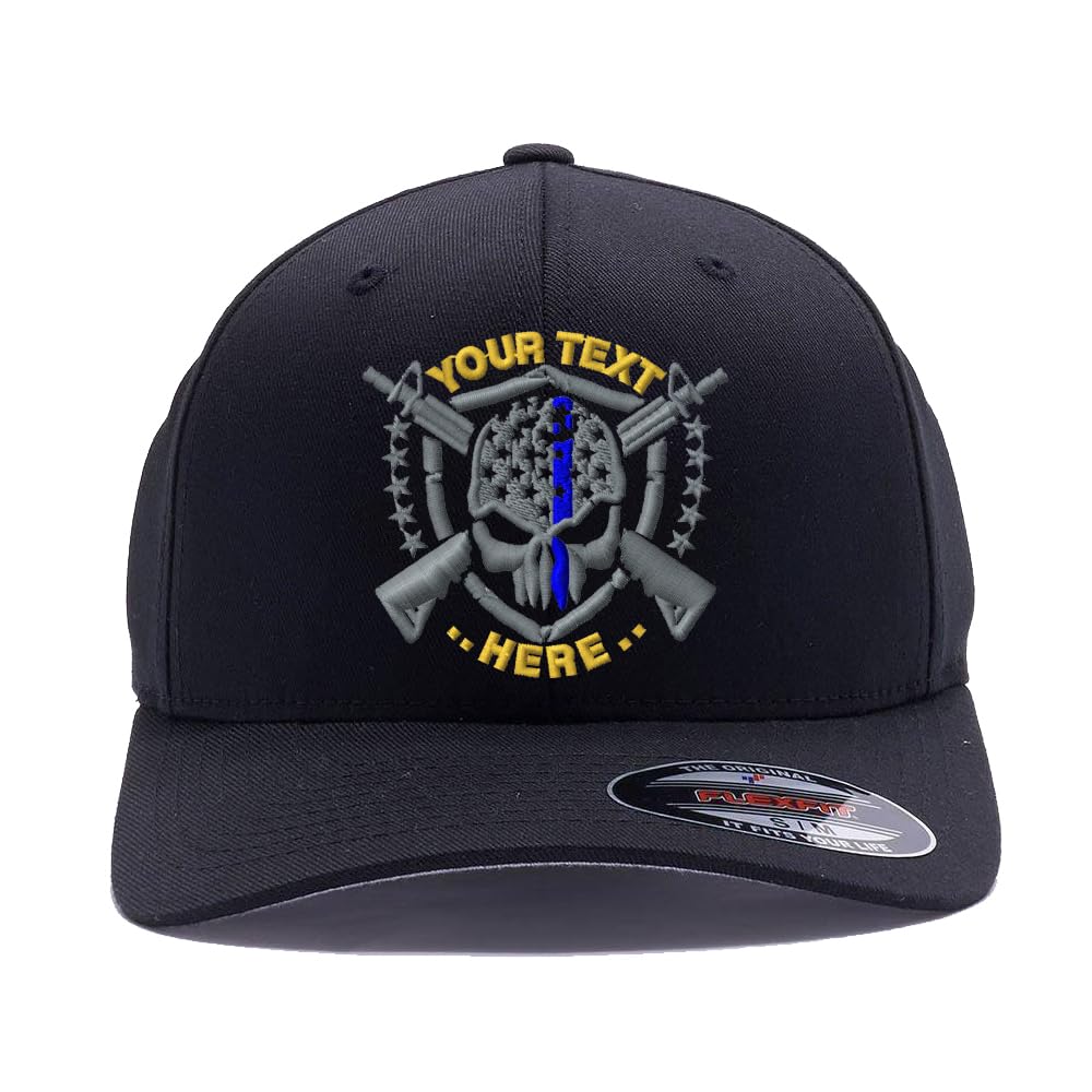 Thin Blue Line and Thin Red line Distressed Skull American Flag Embroidered Logo, Flexfit 6277-6477 Wooly Combed Twill Cap hat (S/M, Black)