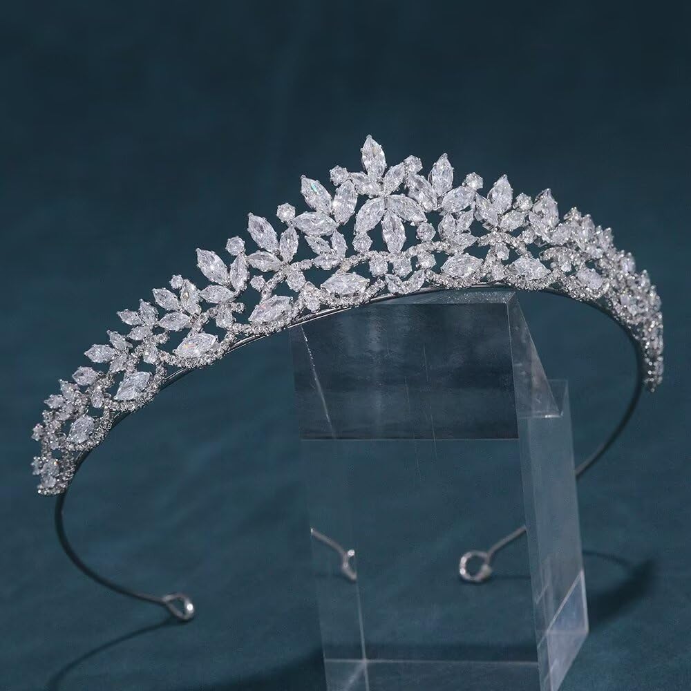 FASNAHOK Silver CZ Wedding Tiaras for Brides Floral Princess Crowns for Women Cubic Zirconia Bridal Headband Sweet 16 Crown Birthday Hair Accessories