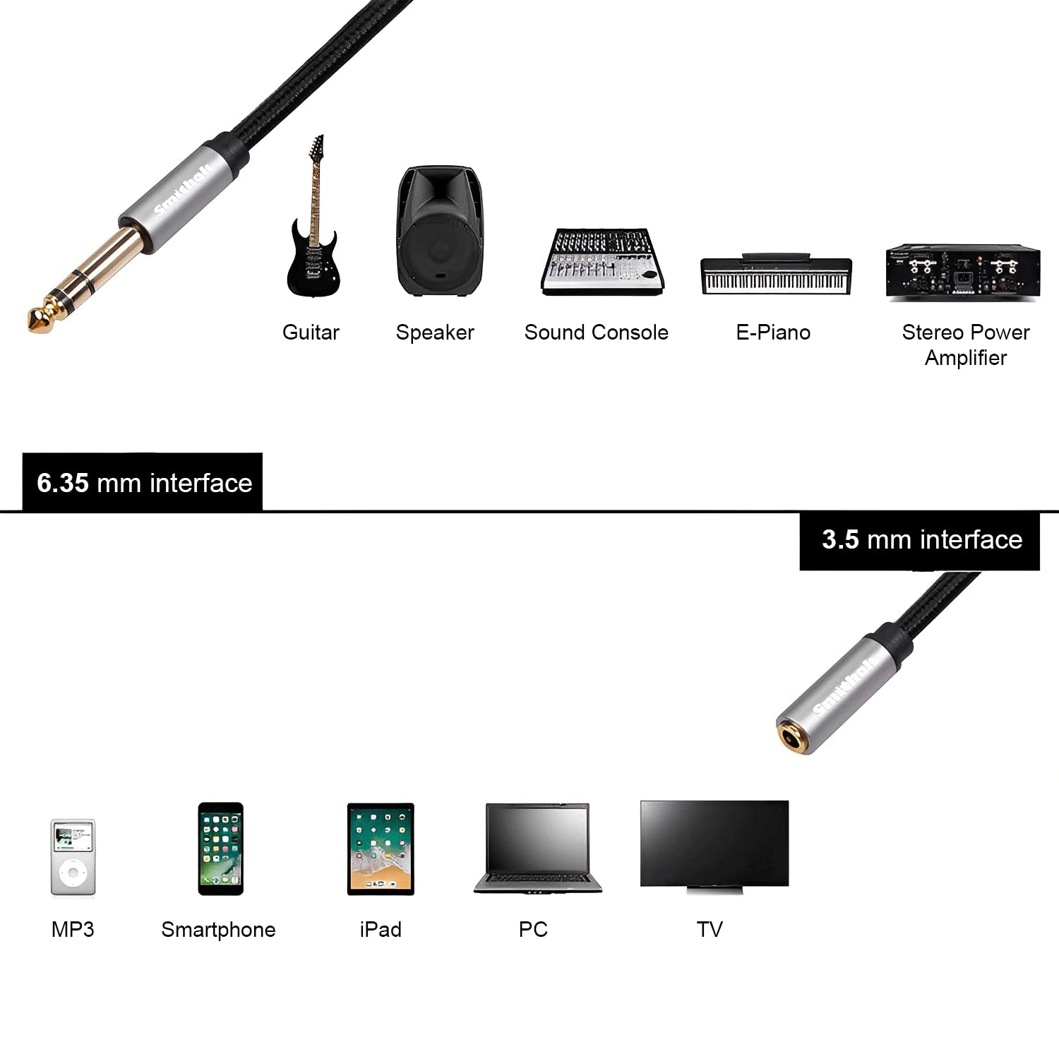 Smithok 2 Pack, 1/4 inch to 3.5mm Headphone Adapter TRS 6.35mm 1/4 inch Male to 3.5mm 1/8 inch Female Stereo Jack Audio Adapter for Amplifiers, Guitar, Keyboard Piano, Headphones - 12inch/30CM