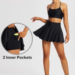 BALEAF Tummy Control Tennis Skirts for Women High Waisted Flowy Pleated Golf Skorts Skirts with Shorts 2 Inner Pockets Black M