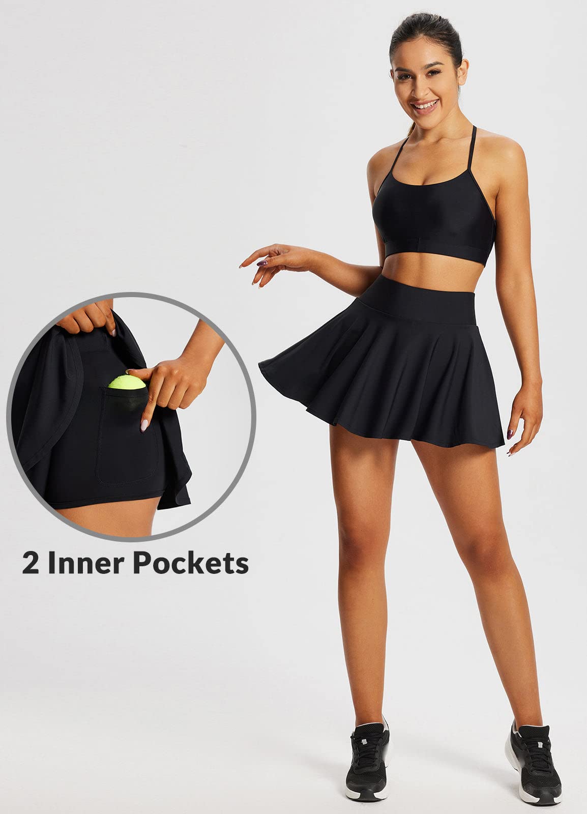 BALEAF Tummy Control Tennis Skirts for Women High Waisted Flowy Pleated Golf Skorts Skirts with Shorts 2 Inner Pockets Black M